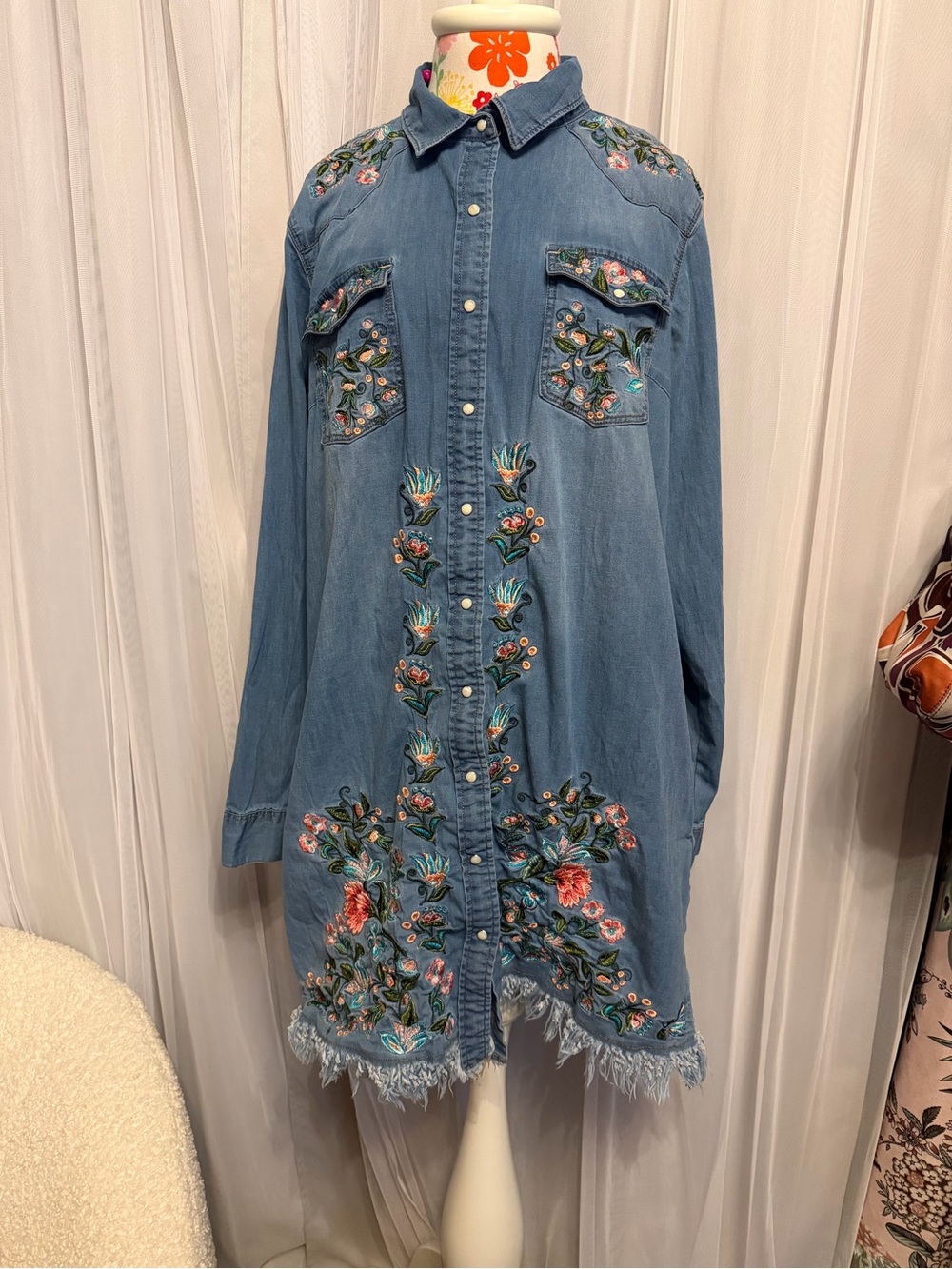 Grace in LA Denim Blue Embroidered Floral Mini Dress